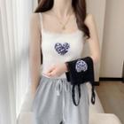 Heart Embroidered Lace Trim Knit Camisole Top