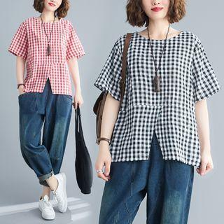 Short-sleeve Plaid Eyelet Lace Panel Top