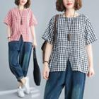 Short-sleeve Plaid Eyelet Lace Panel Top