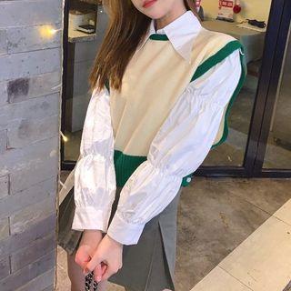 Puff-sleeve Blouse / Contrast Trim Sweater Vest