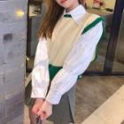 Puff-sleeve Blouse / Contrast Trim Sweater Vest