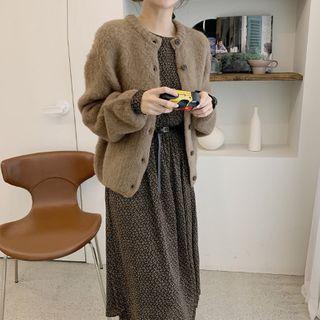Plain Cardigan / Plaid Midi A-line Dress