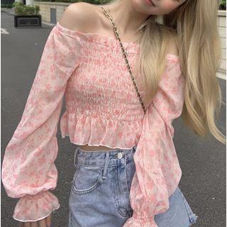 Off-shoulder Floral Chiffon Top Pink - One Size