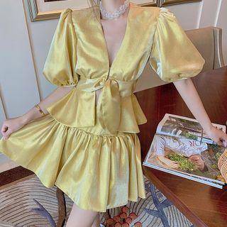 Set: Puff-sleeve Peplum Blouse + Mini A-line Skirt