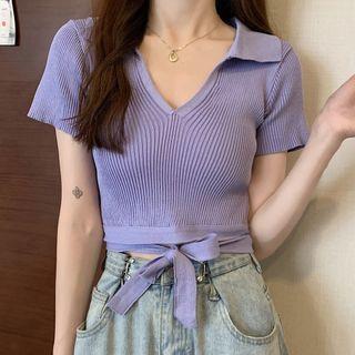 V-neck Strappy Short-sleeve Knit Top