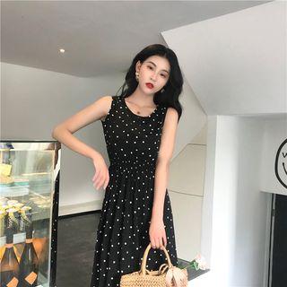 Sleeveless Polka Dot A-line Midi Dress / Chiffon Long Jacket