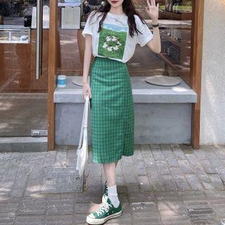 Short-sleeve Print T-shirt / Plaid Slit Midi Pencil Skirt