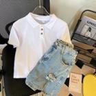 Short-sleeve Polo Shirt / Slit Denim Mini Pencil Skirt