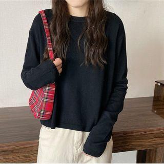 Long-sleeve Round Neck Plain Loose Fit Knit Top