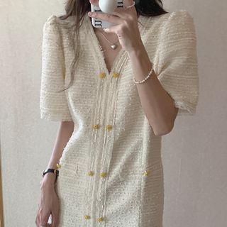 Short-sleeve Tassel Trim Tweed A-line Dress