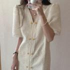 Short-sleeve Tassel Trim Tweed A-line Dress