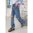 Fringed Slit-knee Loose-fit Jeans