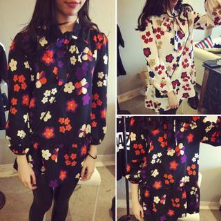 Long-sleeve Tie-neck Floral Dress