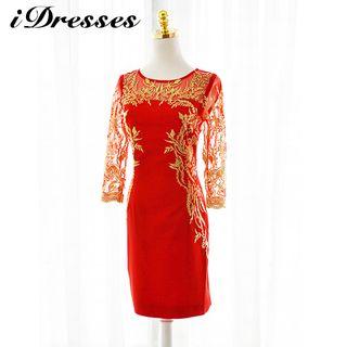 Embroidered 3/4-sleeve Sheath Cocktail Dress