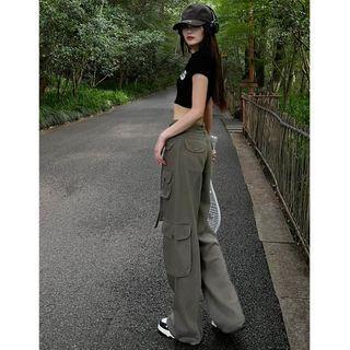 Multi-pockets Straight-cut Pants With Sash In 5 Colors