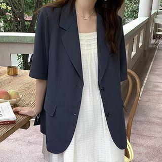 Plain Padded Shoulder Elbow-sleeve Blazer