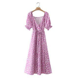 Puff-sleeve Floral Print Sashed Wrap Midi A-line Dress