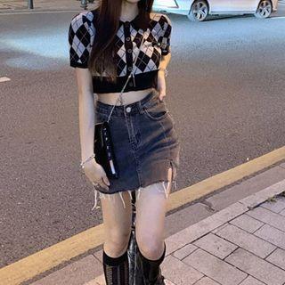 Short-sleeve Argyle Knit Top / Mini Denim Skirt