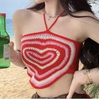 Halter Neck Heart Print Knit Camisole Top Red - One Size