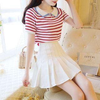 Set: Striped Short-sleeve Knit Top + High Waist Pleated Skirt