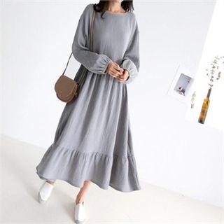 Balloon-sleeve Ruffle-hem Maxi Dress