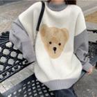 Bear Color Block Knit Sweater White - One Size
