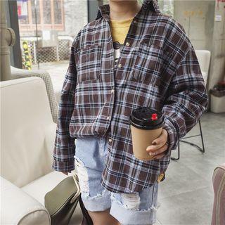Lettering Embroidered Panel Plaid Shirt