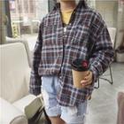 Lettering Embroidered Panel Plaid Shirt