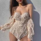 Puff-sleeve Cold-shoulder Lace Swimsuit