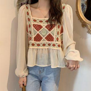 Square-neck Color Block Crochet Panel Cropped Blouse