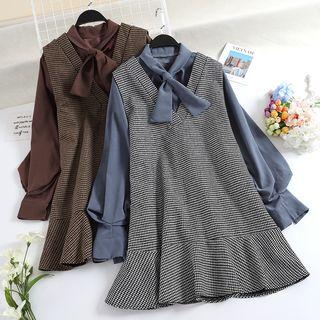 Set: Tie Neck Lantern-sleeve Blouse + V-neck A-line Pinafore Dress