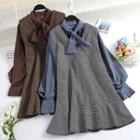 Set: Tie Neck Lantern-sleeve Blouse + V-neck A-line Pinafore Dress