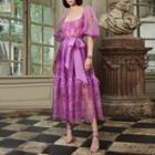 Puff-sleeve Tie-waist Tiered Lace Midi A-line Dress