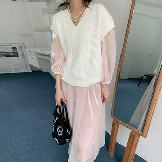 Long-sleeve Midi Shift Mesh Dress / Slipdress / Cable Knit Sweater Vest