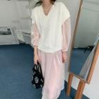 Long-sleeve Midi Shift Mesh Dress / Slipdress / Cable Knit Sweater Vest