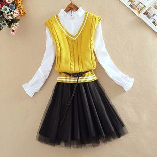 Set: V-neck Cable Knit Vest + Mesh Panel Long-sleeve A-line Dress