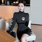 Long-sleeve Turtleneck Plain Cut-out Slim-fit Dress