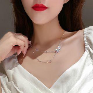 Butterfly Beaded Necklace Silver - One Size