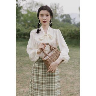 Set: Long-sleeve Tie-neck Blouse + Plaid Midi A-line Skirt