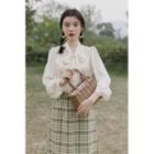Set: Long-sleeve Tie-neck Blouse + Plaid Midi A-line Skirt