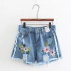 Distressed Embroidery Denim Shorts