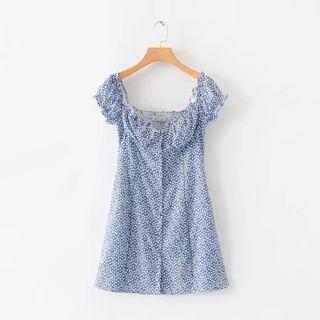 Square-neck Ruffle-trim Floral Mini Dress