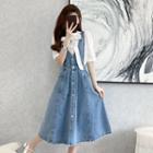 Short-sleeve Bow Accent Blouse / Button-up Denim Overall Dress