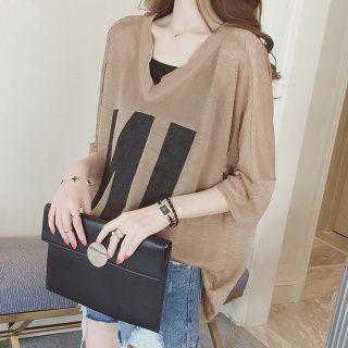 Set: V-neck Lettering Elbow-sleeve T-shirt + Camisole Top