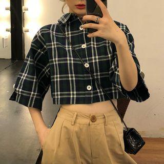 Plaid Elbow Sleeve Shirt Green - One Size