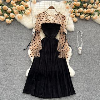 V-neck Dots Mesh Panel Velvet Dress