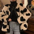 Heart Pattern Long-sleeve Jacket Almond & Black - One Size