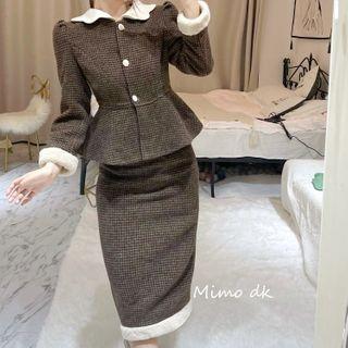 Fluffy Trim Gingham Jacket / Pencil Skirt / Set