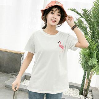 Short-sleeve Flamingo Embroidered T-shirt White - One Size