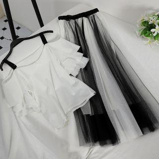 Set Of 2 : Suspender Top + Panel Mesh Maxi Skirt